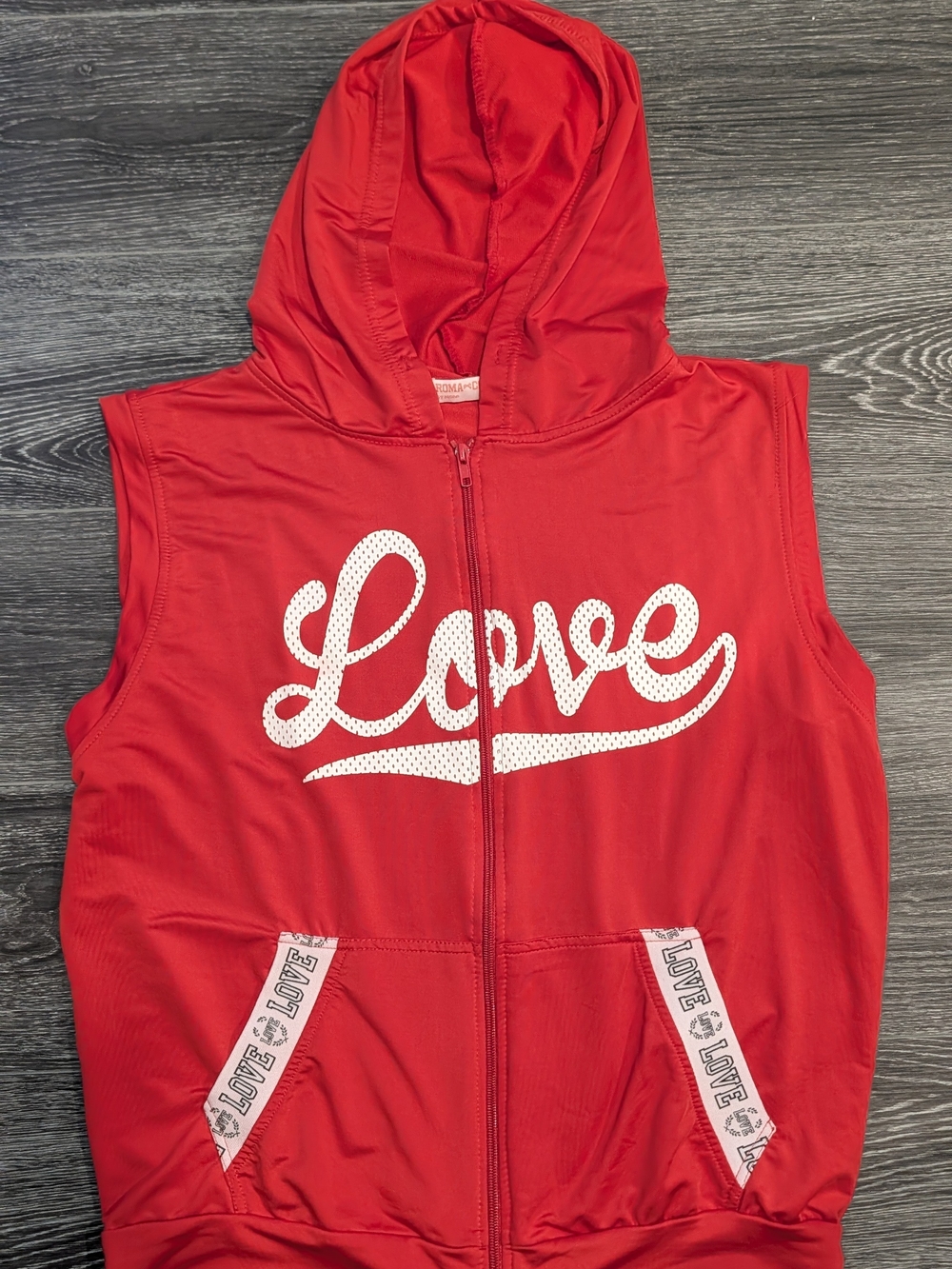 Red Sleeveless Hoodie with 'Love' Graphic
